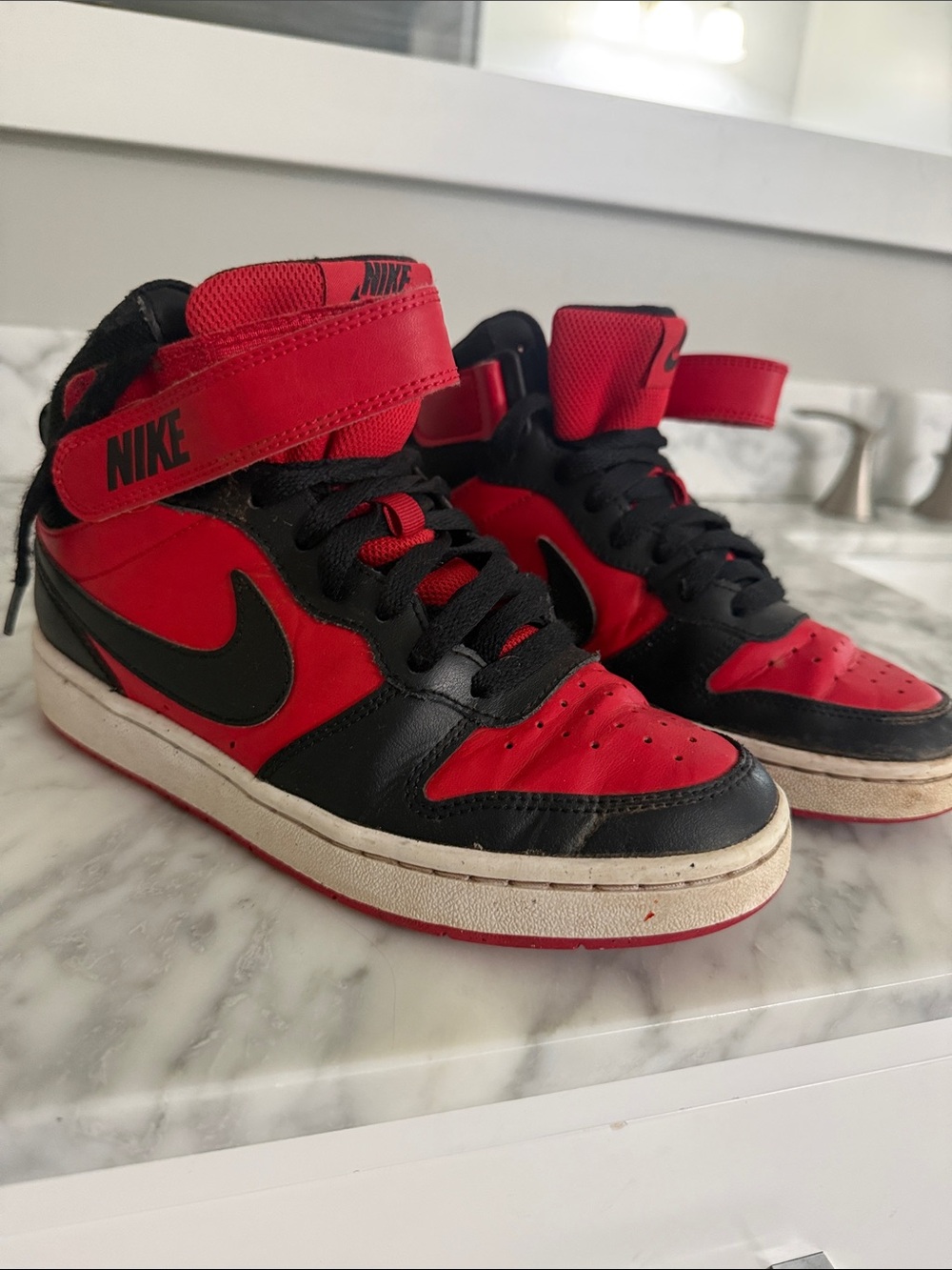 Nike Kids Red and Black High-Top Sneakers with Strap